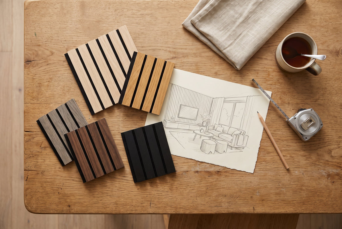 Slat panel samples and an interior sketch on a work table