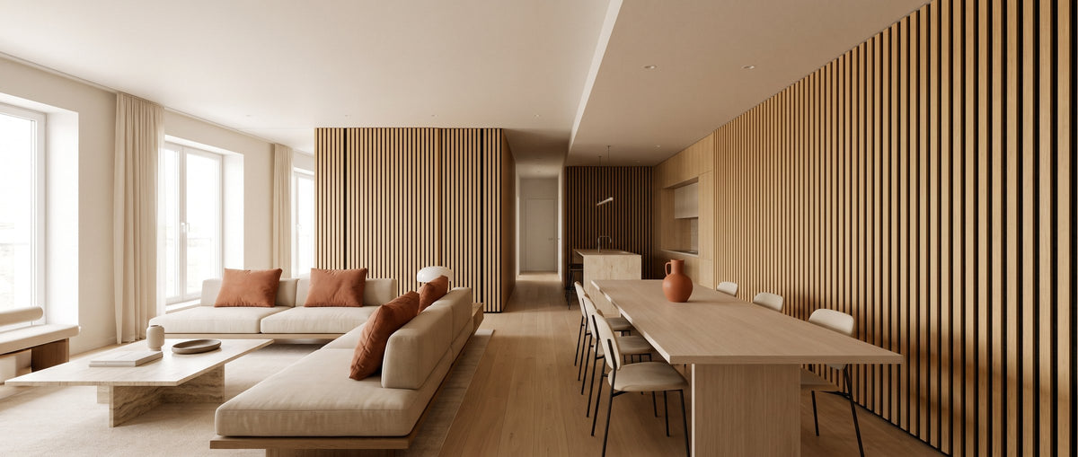 Open-plan living space with a pale oak slat wall