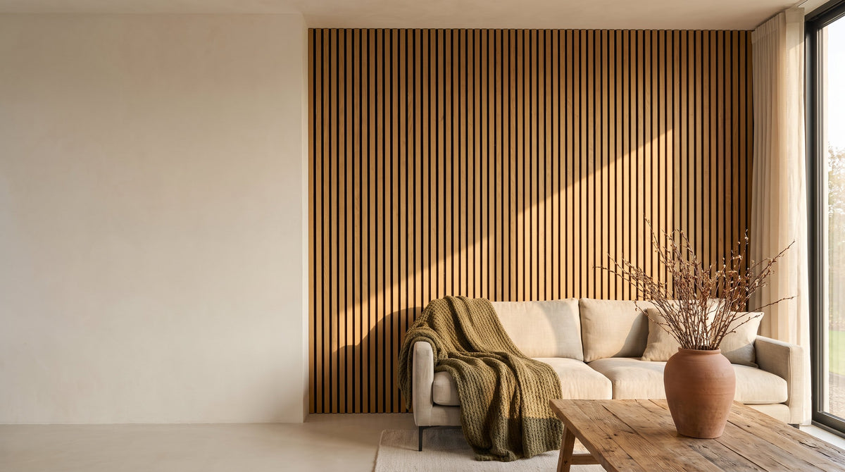 Living room with a honey oak slat feature wall
