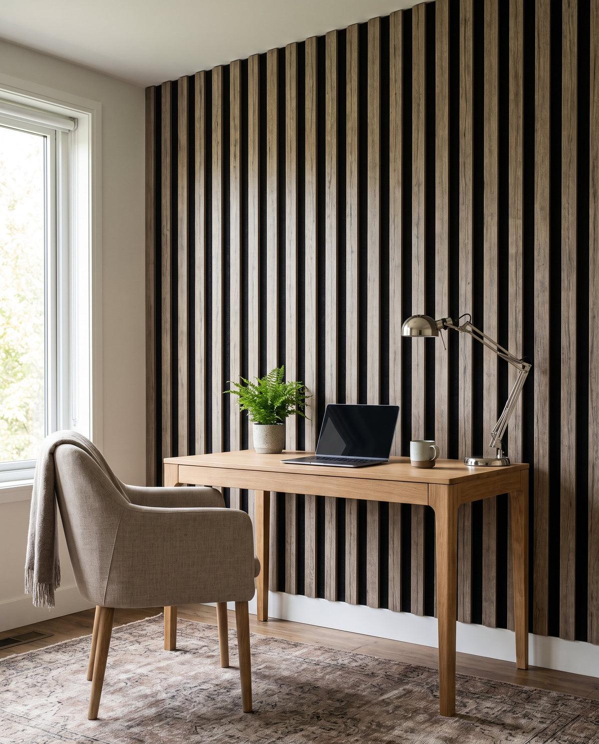 Home office with a slat wall behind the desk