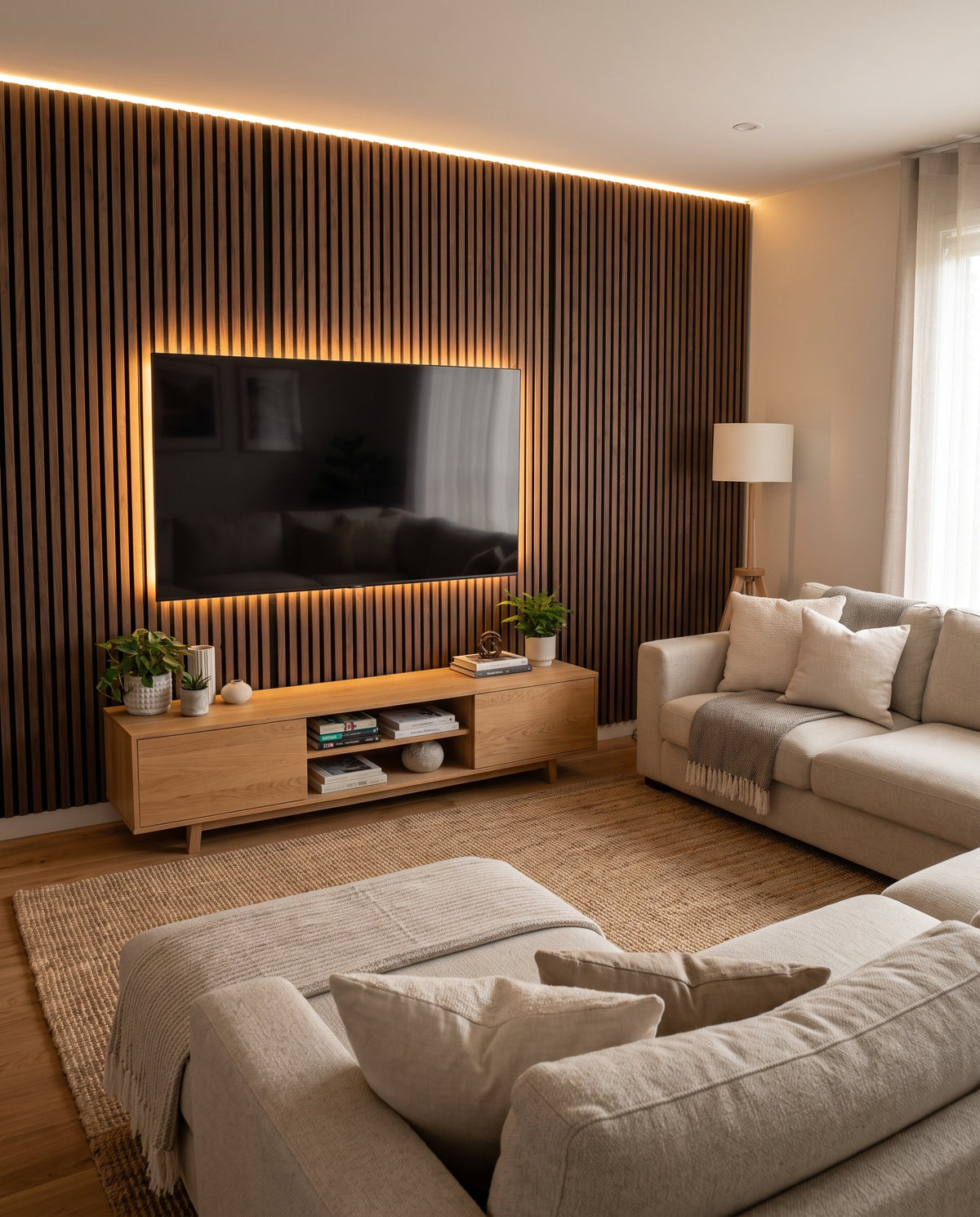 Media room with a deep walnut slat TV wall